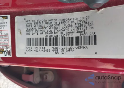 2004 Toyota Corolla Le from USA, damaged, VIN JTDBR32E442043176